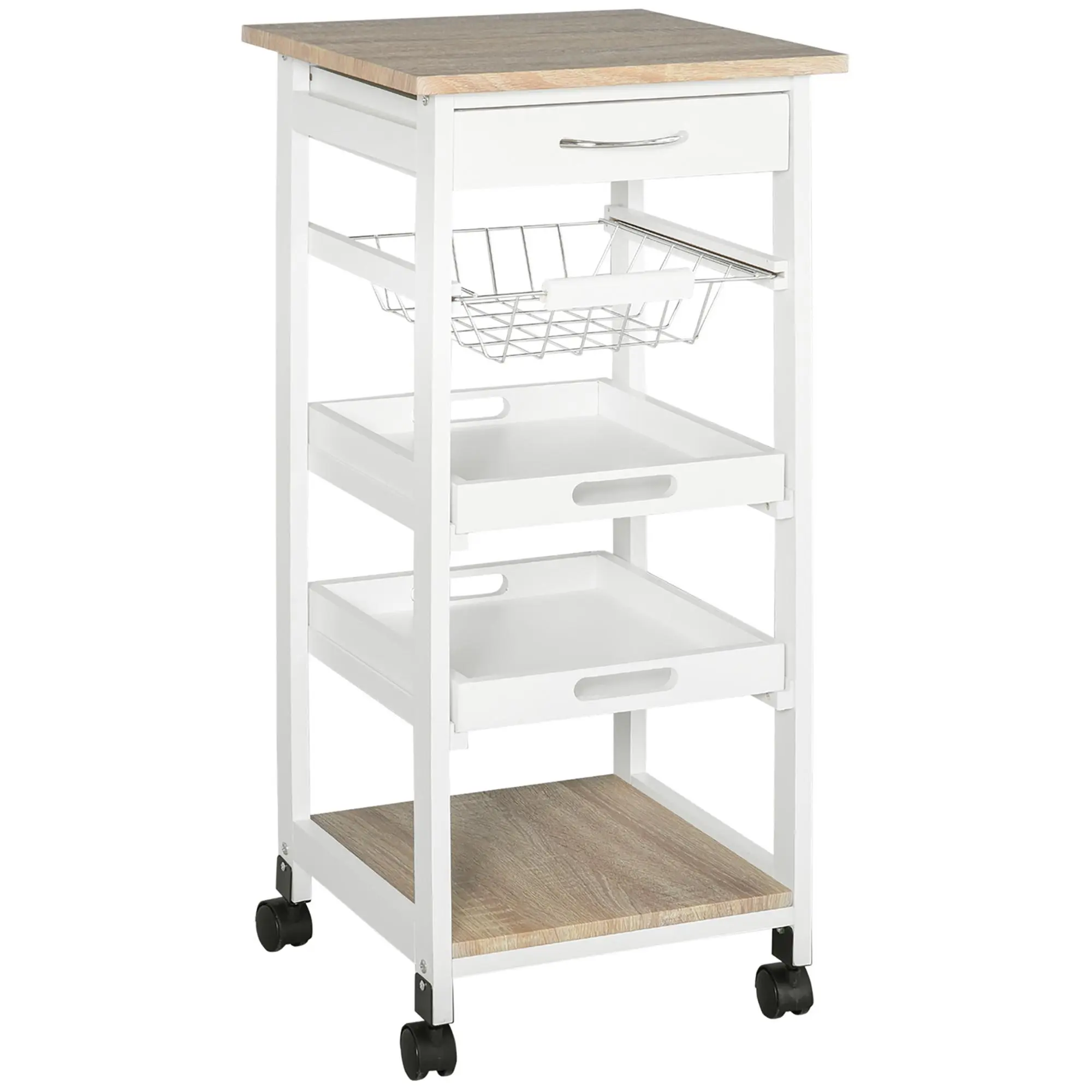 HOMCOM White Oak Kitchen Cart Island - Neutral Wooden Rolling Portable Freestanding Unit with Solid Wood Frame, Multilayer Storage, Slide Function, Kitchen Rack-Shelf, Wire Fruit Baskets, Trays, and Drawer