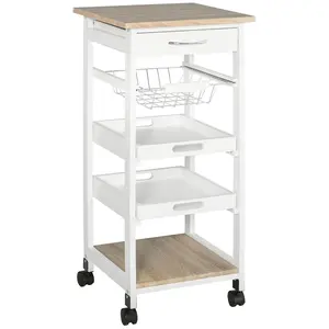 HOMCOM Mobile Kitchen Cart, Rolling Kitchen Island with Storage, Solid Wood Frame Utility Cart with Wire Fruit Baskets, Trays and Drawer, White