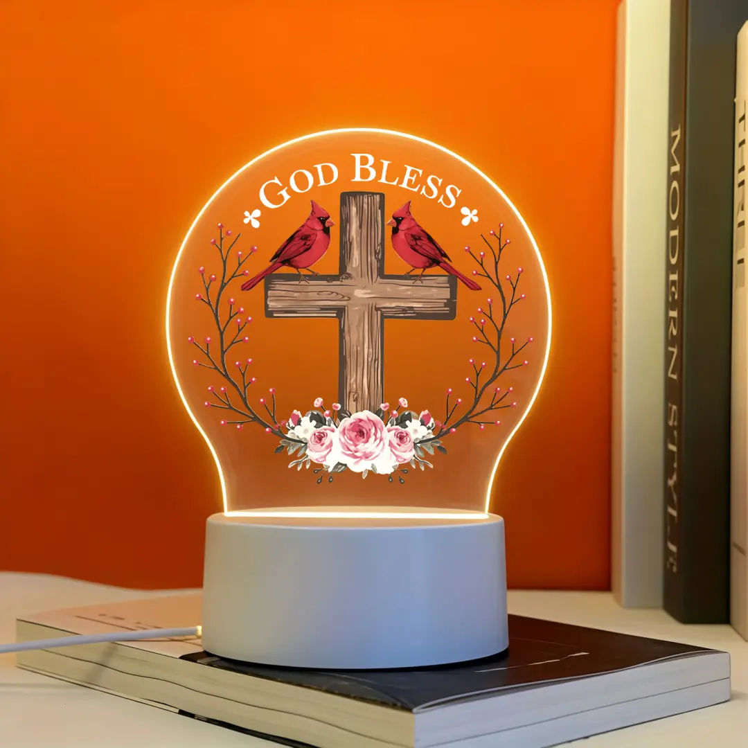Round Acrylic LED Night Lamp with Wooden Cross, Red Cardinal, Pink Floral Print - Modern LED Panel, Soft Warm Lighting Indoor Use, Religious God Bless Table Decor, Meaningful Pastors Gifts for Bedroom Desk