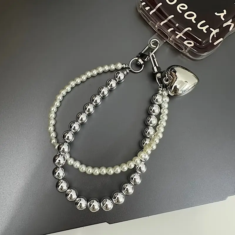 Double Strand Beaded Phone Charm with Heart Pendant, Pearl & Black Bead Bag Chain, Ins Style Hand Strap for Purse & Cellphone, Minimalist Aesthetic Keychain