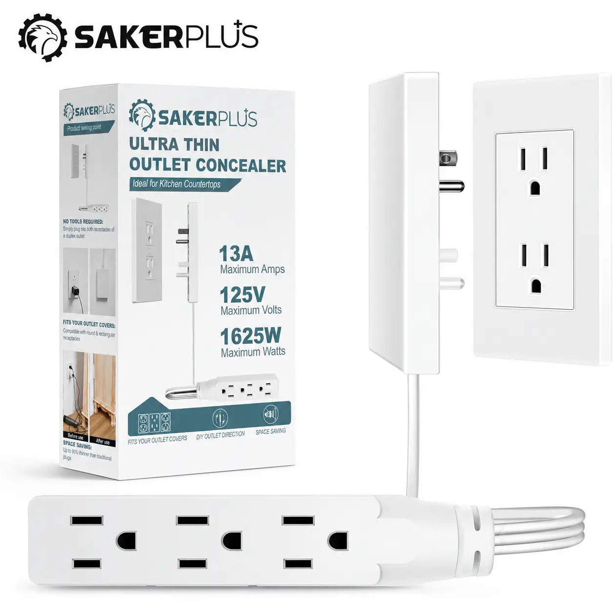 SakerPlus Outlet Concealer Power Strip-Outlet Cover Extender with 3AC Outlets- Flat Plug Extension Cord,Universal Size,1625W for Kitchen, Home and Office,Child & Pet Safe