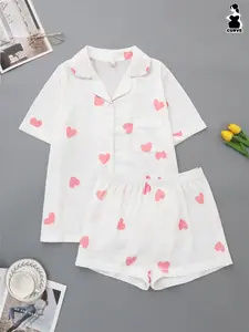 Women's Plus Size Sleepwear Set, Collared Short Sleeve Top and Shorts, Heart Print, Polyester Woven Fabric, Perfect for Home Wear