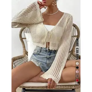 Women's Plain Hollow Out Tie Front Crop Cardigan, Casual Flounce Sleeve V Neck Cover-Up Knitwear for Spring, Summer & Fall, Women's Knit Clothing for Daily Wear