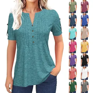 Imily Bela Women’s V Neck T Shirt – Casual Pleated Button Top, Loose Fit Short Sleeve Summer Tee, Trendy Everyday Blouse for Daily Wear