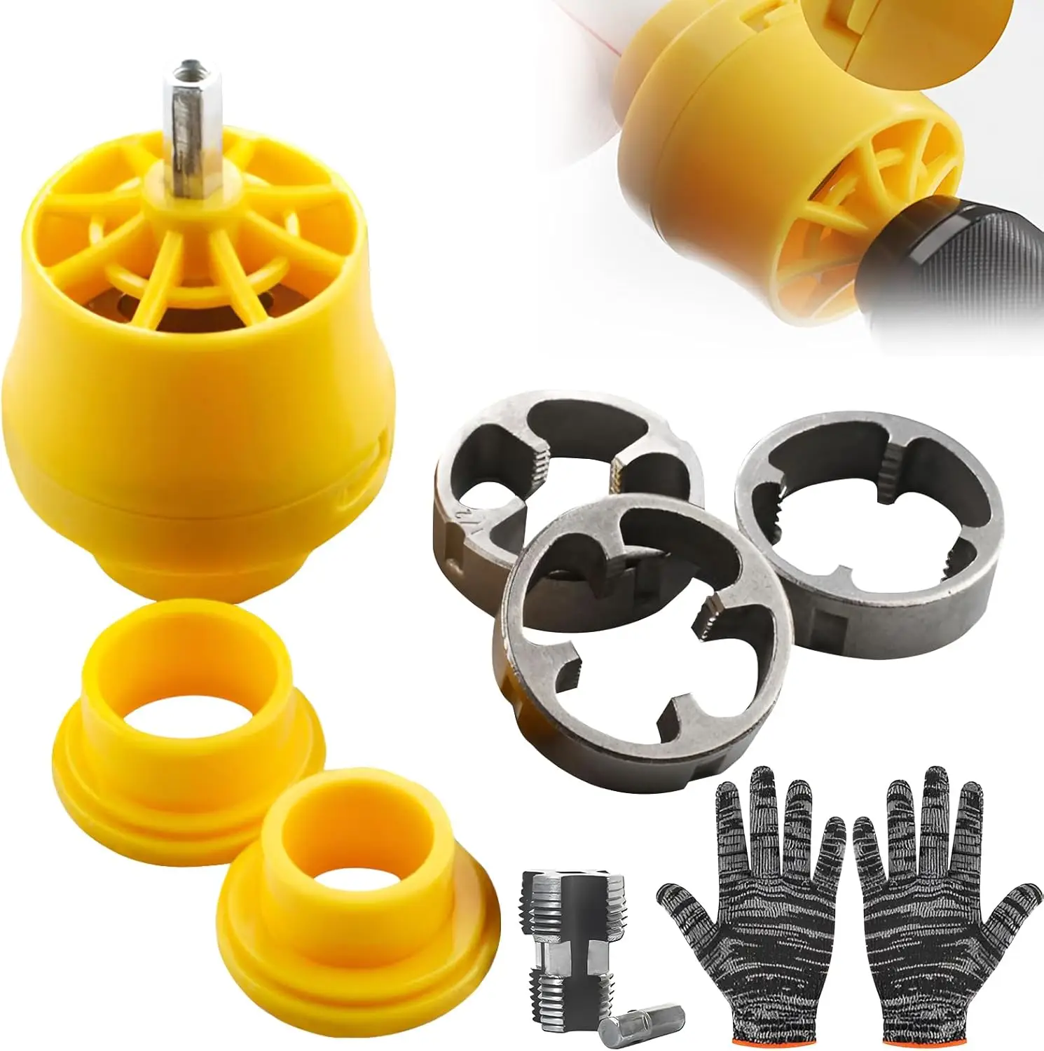 Plastic Pipe Threading Tap Set - Electric Drill Type PVC Pipe Threading Mold with Reusable Tool Set for 1/2", 3/4", 1" Sizes, Includes Gloves,Pipe Thr