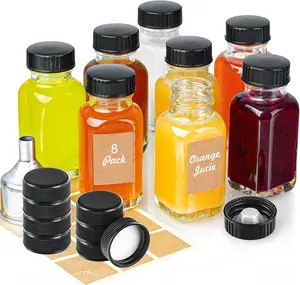 Clear Reusable Ginger Shot Bottles with Caps - 8 Pack 2 oz Small Square Glass Jars with 8 Sealed Conical Inner Caps & 8 Airtight Lids, Wide Mouth Juice bottles for Fridge, Extra Sticker, Funnel