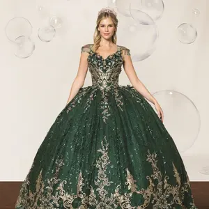 (LIVE 38) Hunter Green Quinceanera Dress with Tulle & Embroidery Elegant Design for Special Occasions