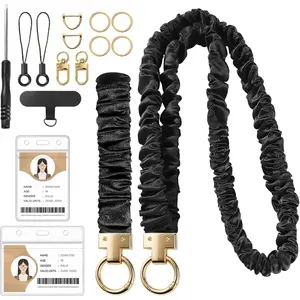 Scrunchie Lanyard with ID Holder Stretchy Scrunchie Keychain Wristlet for Women Teachers ID Badges Black