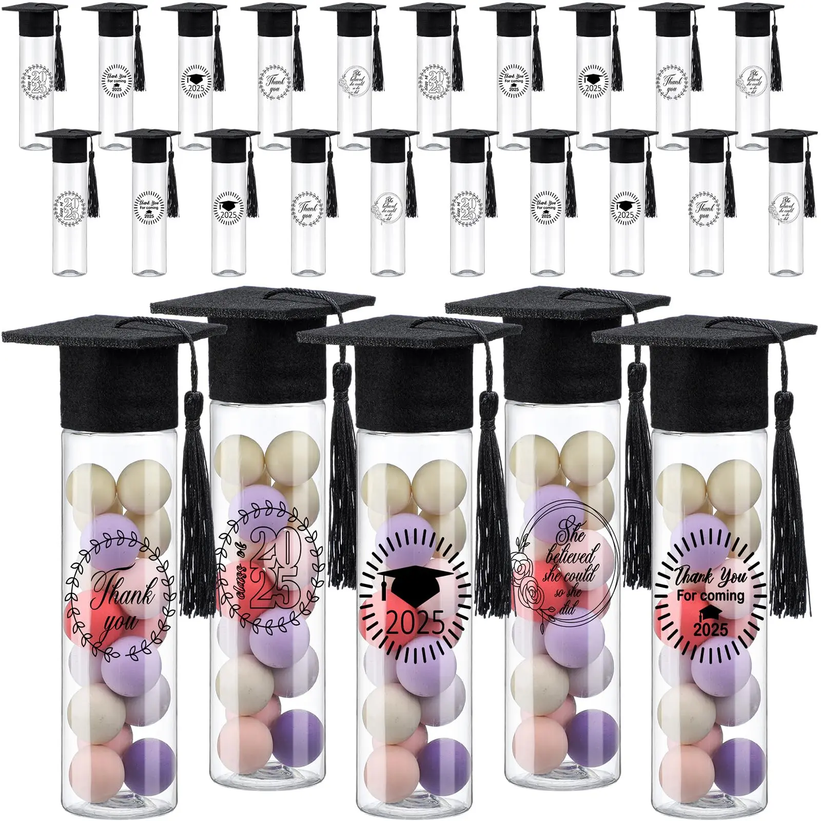 25/30 Pcs Graduation Candy Container Plastic Grad Cap Jars with Tassels Stickers,Mason Jars for Students Teacher,DIY School Classroom Grad Candy Table Party Decorations,Class of 2026 Graduation Party Gift Favors