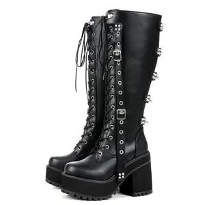 Womens Knee High Boot Rounded Toe Chunky Platform Heel Dressy Lace Up Side Zipper Buckle Goth Eyeletted Cone Spike Studded Straight Style Hanging Strap Comfy Outing Music Festival Motorcycle Ride Nightclub Autumn Fall Winter Punk Shoes