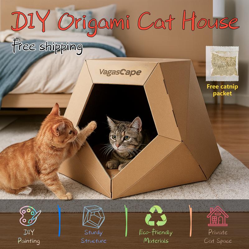 Vagascape DIY Cat House, DIY Origami Hand-Painted Cat House, Scratch-Resistant Kraft Paper Material, Foldable Washable Pet House, Ped Bedding, A Special Gift Just for Your Pet