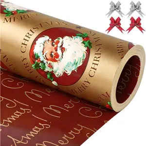 Santa Christmas Wrapping Paper Rolls Set, Matte Funny  Heavy Duty  Traditional  Wrap,Retro Cute Metallic Cartoon from North Pole,Burgundy Red Reversible,Total 28.5sq.ft