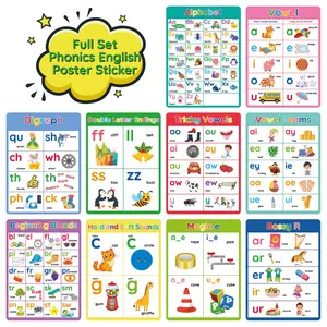 10 Pcs Kids Early Education Posters Set, English Word Learning Posters with Adhesive Points, Natural Reading Poster for Classroom and Room Decor, Adhesive Stickers