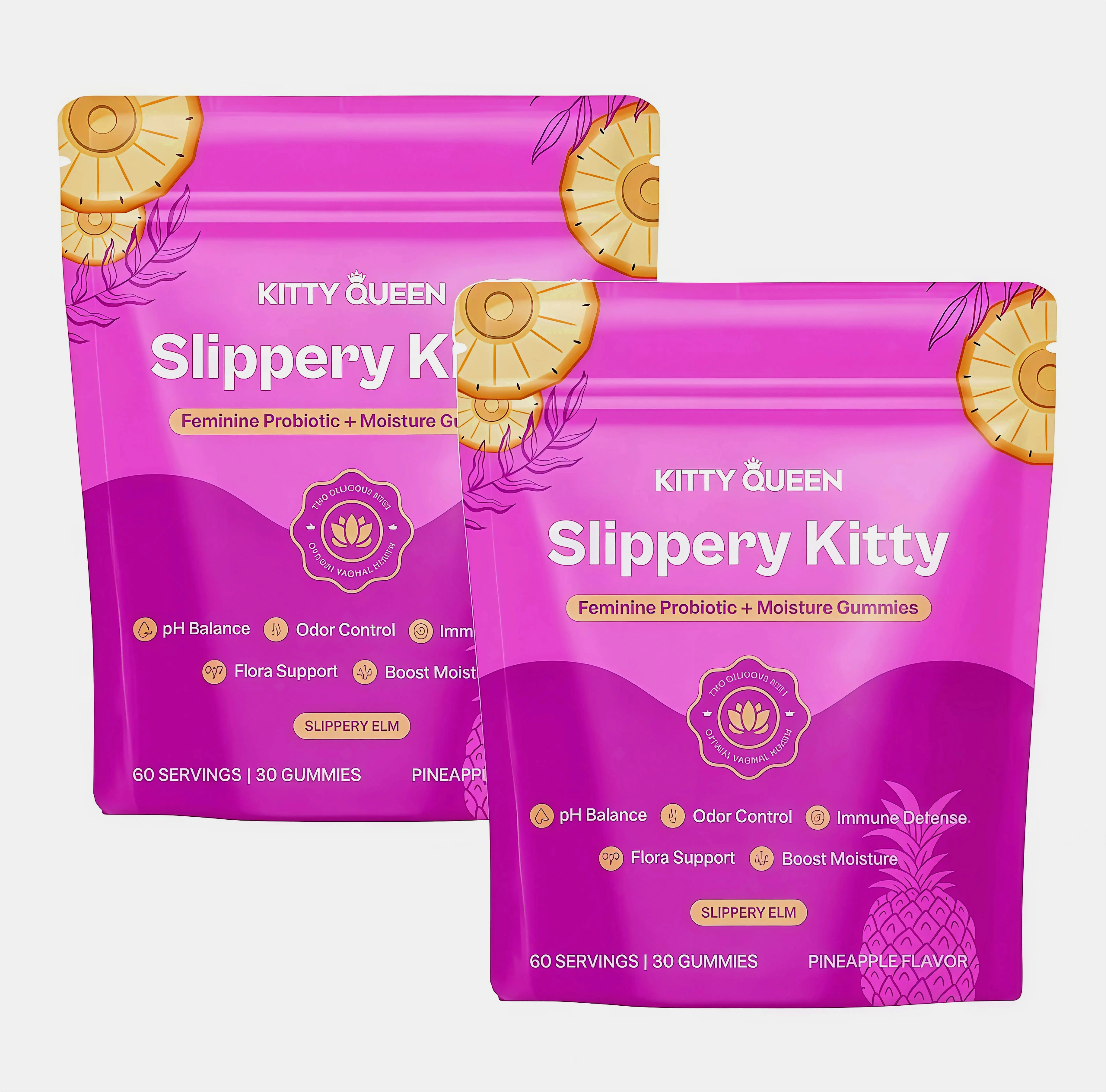 2 Bags Slippery Kitty Feminine Probiotic + Moisture Gummies -HT All in One Solution with Slippery Elm 60 Count Pineapple Flavor