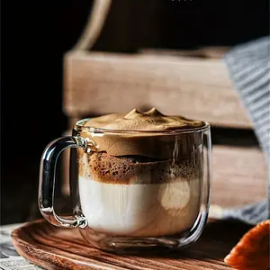 Double Wall Glass Coffee Mug, 450ml Clear Coffee Cup with Handle, Modern Simple Stylish Multi-purpose Coffee Mug, Drinking Cup for Home Office School