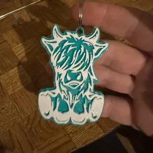 3D Printed Cow Keychain - Turquoise Design with Textured Finish and Keyring Attachment