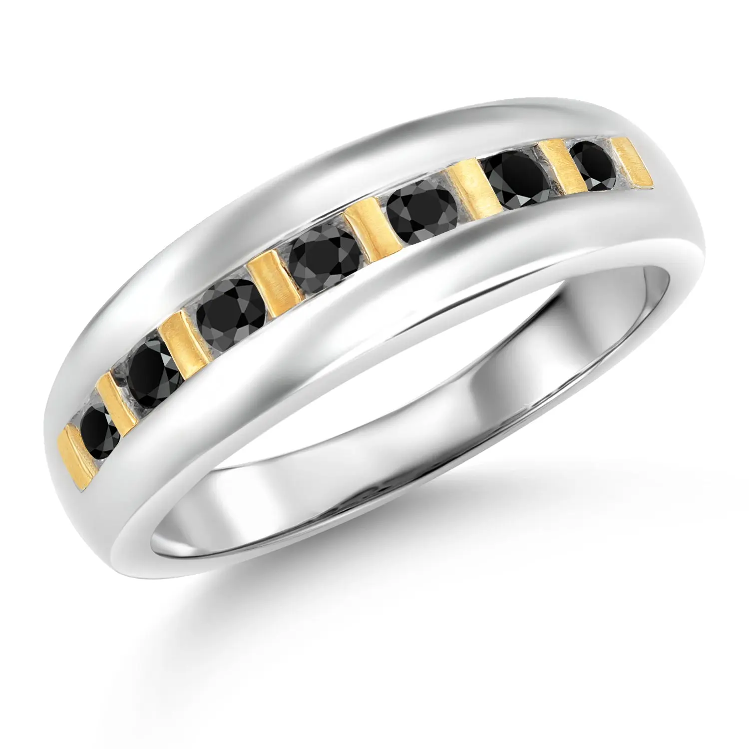 Black Diamond Wedding Band Ring for Men | 925 Sterling Silver and 10K Yellow Gold | 0.46 Cttw | Round 2.5MM | Available In Size 7, 8, 9, 10, 11, 12, 13