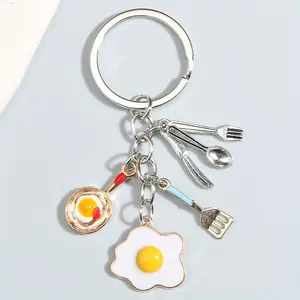 Cute Cooking Theme Keychain, Egg Knife Fork Spoon Food Design, Car Bag Hanging Accessory, Small Elegant Charm for Keys Backpack Wallet