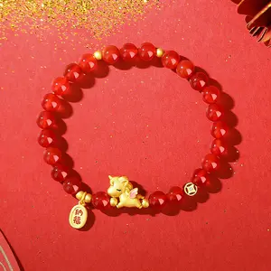 Red Agate Bracelet for 2026 Year of the Horse| New Chinese Style Zodiac Jewelry| Ancient Craft Gold Cute Horse Charm| Lucky Benmingnian Bracelet