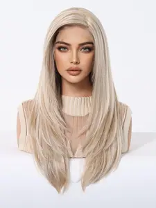 22 Inch Long Straight Wigs for Women, Gorgeous Fluffy Wigs with Curtain Bangs, Synthetic Lace Front Wigs for Party, Daily Use, Lace Frontal Wigs