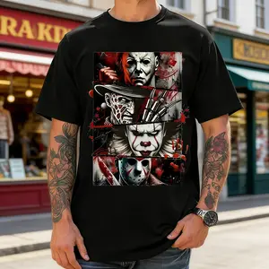 Horror Icons Squad T-Shirt, Michael Myers Freddy Krueger Pennywise Jason Graphic Tee, Men Women Spooky Slasher Shirt