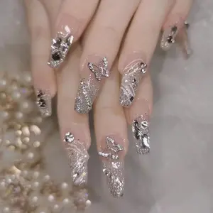 Glitter Butterfly Rhinestone Decor Fake Nails, 30pcs/set Fashion Press on Nails & Jelly Tape & Nail File, Elegant Stick on Nails Kit for Women's Gift, Glitter Rhinestones