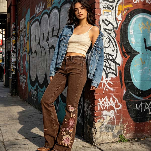 Vintage Embroidered Flare Jeans for Women, Western Style Slim Fit Casual Denim Pants
