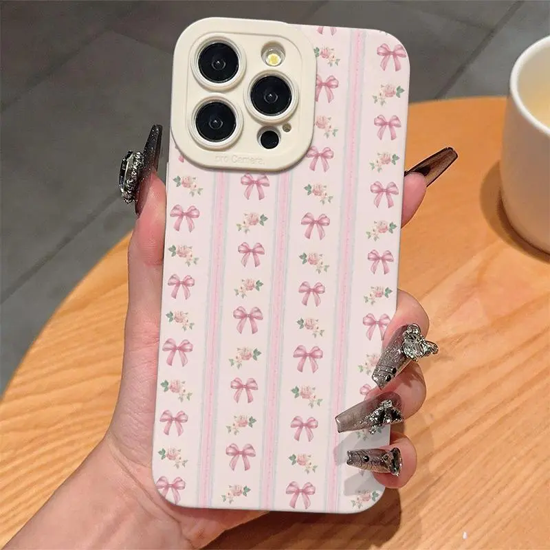 White Bowknot Pattern Phone Case, Anti-Fall Shockproof Protective Cover Compatible with iPhone 17 Pro Max, 16, 15, 14 Plus, 13, 12, 11, X/XR/XS Series, Ideal Friend Gift