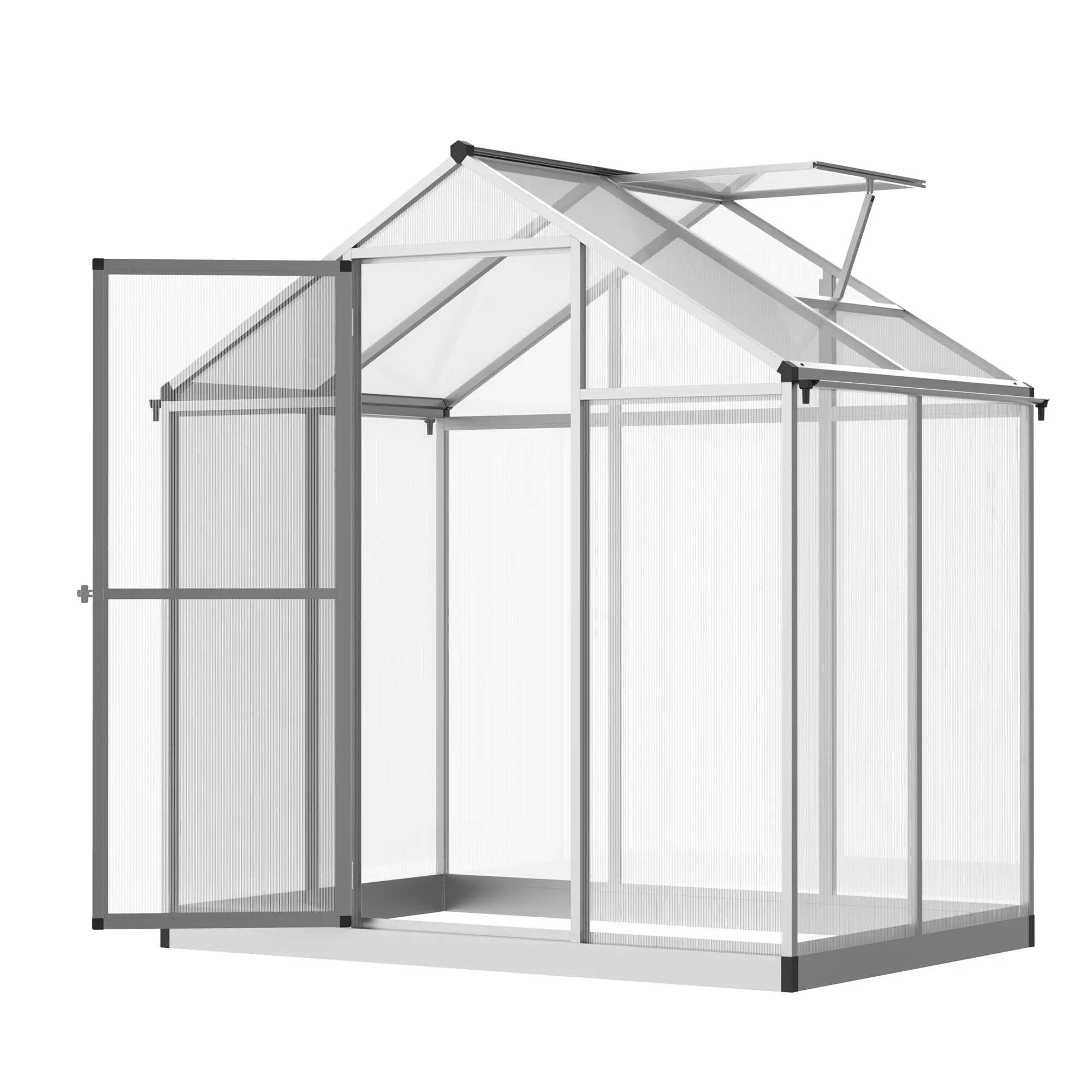 Garden&Coops Walk-In Transparent Twin Wall Polycarbonate Greenhouse - 4'L x 6.25'W x 6.4'H Silver Powder-Coated Aluminium Frame, Roof Vent, Adjustable Vents, Latch-Equipped Door, Assembly Required, Winter Gardening Support, Natural Light & Climate Control