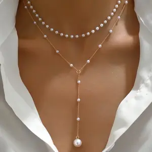 Elegant Y-Shaped Imitation Pearl Tassel Necklace, Double-Layer Stacked Design,Perfect for Ladies' Parties, Stylish and Refined Jewelry, Modern Versatile Accessories