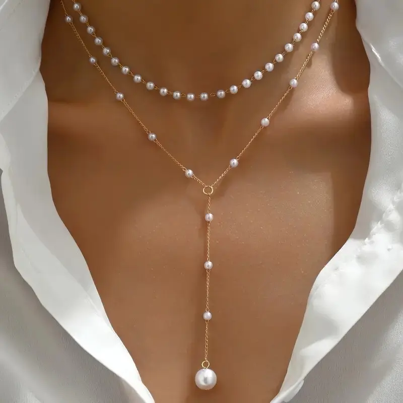 Elegant Y-Shaped Imitation Pearl Tassel Necklace, Double-Layer Stacked Design,Perfect for Ladies' Parties, Stylish and Refined Jewelry, Modern Versatile Accessories