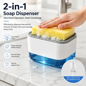 2-in-1 Kitchen Soap Dispenser with Sponge Holder, One-Handed Mess-Free Dish Soap Pump, Refillable Compact Organizer for Kitchen Sink Countertops