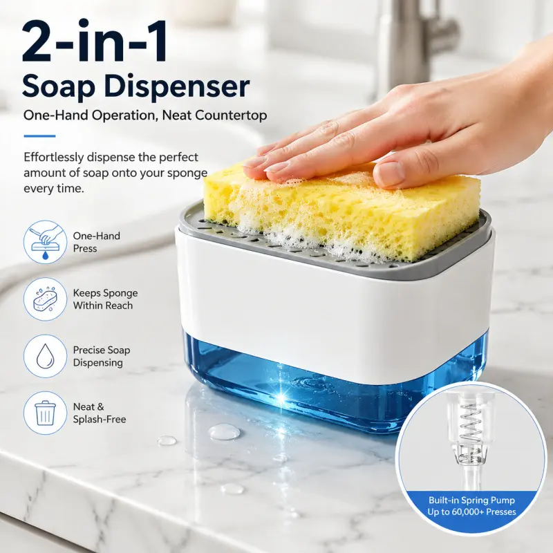 2-in-1 Kitchen Plastic Soap Dispenser with Sponge Holder, One-Handed Mess-Free Dish Soap Pump, Refillable Compact Organizer for Kitchen Sink Neat Countertop