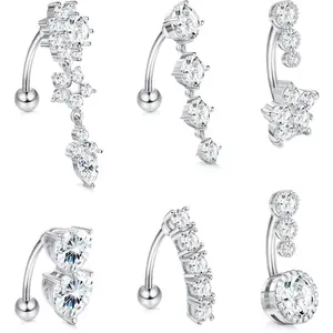 LOLIAS 6 Pcs 14G Dangle Belly Button Rings for Women 316L Surgical Steel Clear CZ Barbell Piercing Dangle Reverse Curved Navel Barbell Body Jewelry