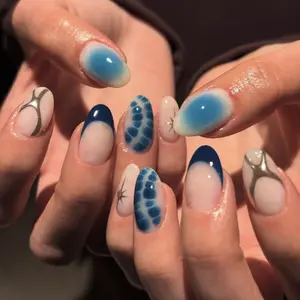 Blue gradient nail art nail tips, simple French almond nails, short wearable nail tips