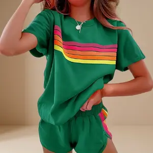 Women's 2-Piece Loose Fashion Set - Light Viscose-Polyester Fabric, Breathable Short-Sleeve Top, Rainbow Gradient Dolphin Shorts, Matching Baseball Cap, Casual Summer Loungewear