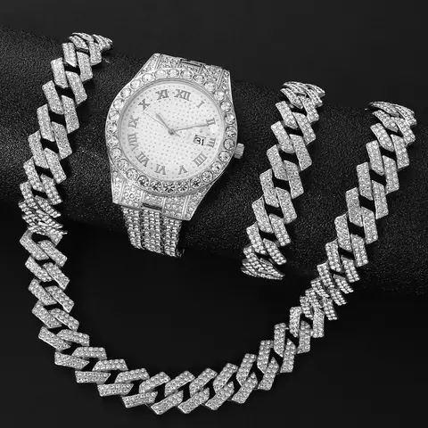 Fashion diamond-encrusted watch, hip-hop Cuban chain necklace, quartz watch set, Trendy watch set, Jewelry Watch Set, Accessories Set