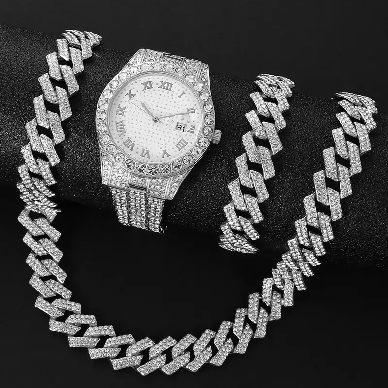 Fashion diamond-encrusted watch, hip-hop Cuban chain necklace, quartz watch set, Trendy watch set, Jewelry Watch Set, Accessories Set