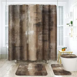 Burnt Brown Grey Bathroom Set with Shower Curtain and Rugs Accessory, Abstract Painting Modern Abstract Shower Curtain for Bathroom Decor 4 Pcs, Shower Curtain Sets