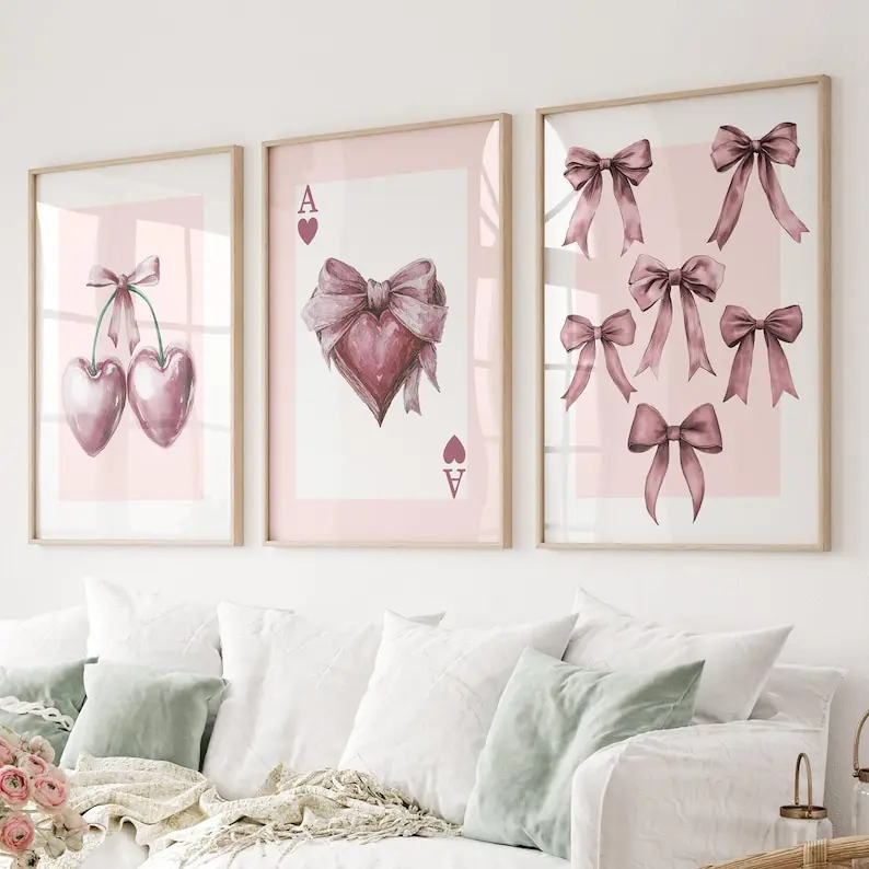 Girl Room Décor Poster, Aesthetic Wall Art, Preppy Red Pink Poster, Ace of Hearts Print, Girly Apartment Set of 3, Bows Cherry Valentine Prints