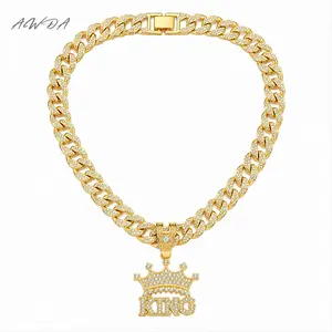 Hiltopia Mens Hip-hop Cuban Link Chain,Fully Diamond-Encrusted Crown KING Letter,Bling Rhinestone Necklace Diamond Chain Jewelry For Men，men's accessories