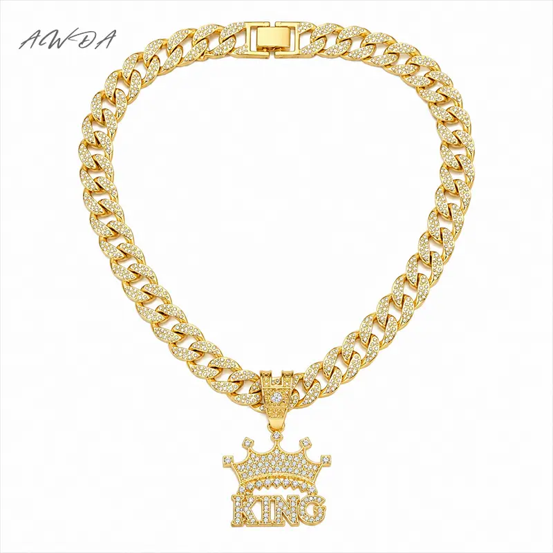 Hiltopia Mens Hip-hop Cuban Link Chain,Fully Diamond-Encrusted Crown KING Letter,Bling Rhinestone Necklace Diamond Chain Jewelry For Men，men's accessories