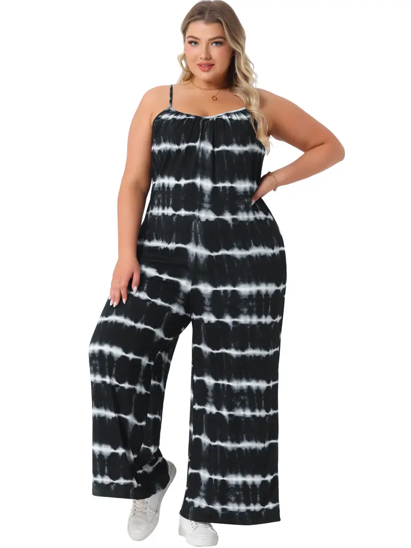 Agnes Orinda Women's Plus Size Jumpsuit Adjustable Strap Sleeveless Stretchy Wide Leg Long Pants Romper Summer Black