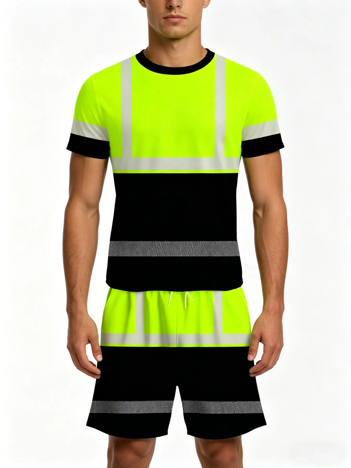 New Men's Reflective Safety Gear Set, Fluorescent Block, Breathable Short Sleeve Shorts with Pockets, Adjustable Waistband, Ideal Gift