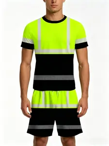 New Men's Reflective Safety Set, Fluorescent Block, Breathable Short Sleeve Shorts with Pockets, Adjustable Waistband, Ideal Gift
