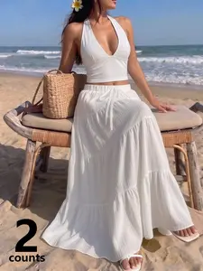 2Pcs Women's White Halter Crop Top & Tiered Maxi Skirt Set, Casual V-Neck Sleeveless Beach Outfit, Boho Drawstring Waist 2-Piece Set for Summer Vacation