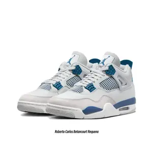 White and Blue Leather and Mesh Mid-Top Retro Basketball Shoes
