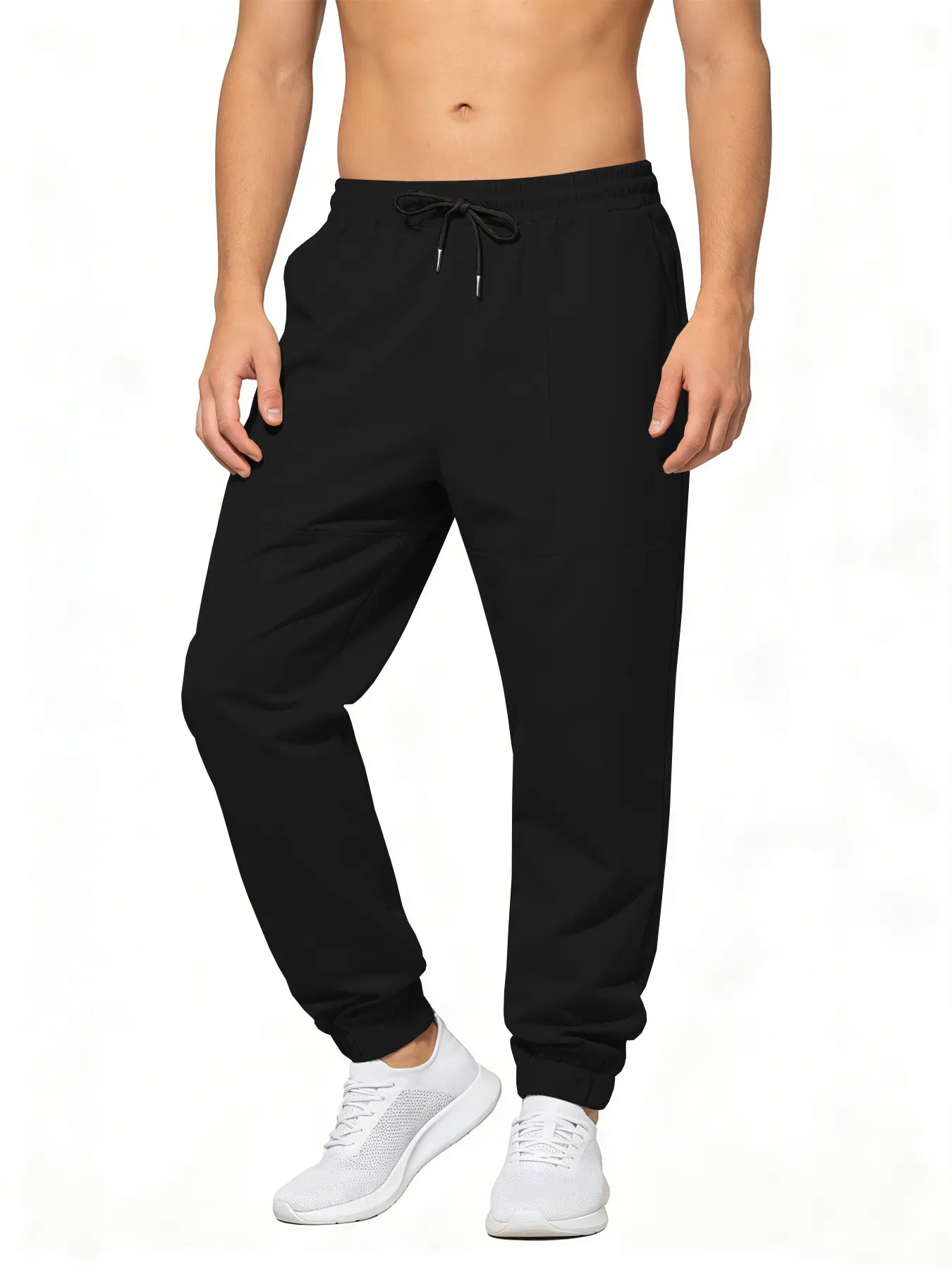 Men's simple solid color casual pants, elastic waist drawstring and ankle fold design, woven ankle binding pants, sports pants, fitness pants, workout pants, suitable for gym, sports, and daily wear (universal for all seasons)