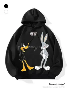 Classic Looney Tunes Rabbit and Daffy Duck Print Hoodie, Loose Fit Casual Breathable Sweatshirt, Perfect for Daily Wear and Outdoor Activities