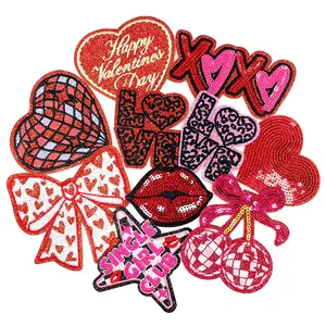 Valentine's Day Fabric Patches Set, Love Lips Bow Tie Cherry Heart Xoxo Iron-On Decorative Patches for Hats Clothes Bags DIY Clothing Accessories Heart Embroidery